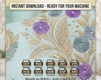 Moroccan Arabesque Blossom Embroidery Design – Gold Floral Motif (Digital File)