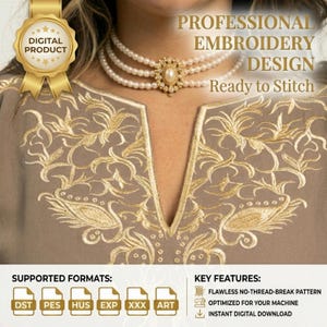 Moroccan Neckline Embroidery Design – Royal Gold Floral Pattern (Digital Download)