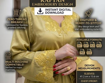 Marokkanischer Kaftan Stickdatei - Stickdatei - Handdigitalisierte Blumenmuster (Digitaler Download)