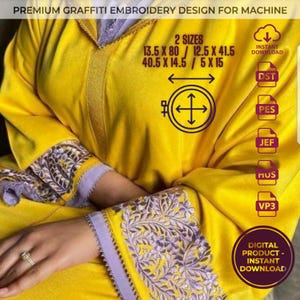 Puede incluir: Prenda amarilla con intrincados bordados en las mangas y el escote. El diseño incluye el texto: "PREMIUM GRAFFITI EMBROIDERY DESIGN FOR MACHINE" y detalles de tamaño. Producto digital con descarga instantánea.