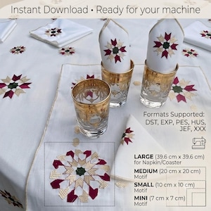 May include: White fabric napkins and a tablecloth featuring embroidered star-shaped motifs in maroon, green, and gold. Three clear glasses with gold rims are present. Text includes: Instant Download, Formats Supported: DST, EXP, PES, HUS, JEF, XXX, and sizes ranging from 7 cm to 39.6 cm.