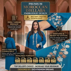 Moroccan Djellaba Embroidery Design - Hand-Digitized Chest & Sleeve Motif - Professional Machine Embroidery File image 1