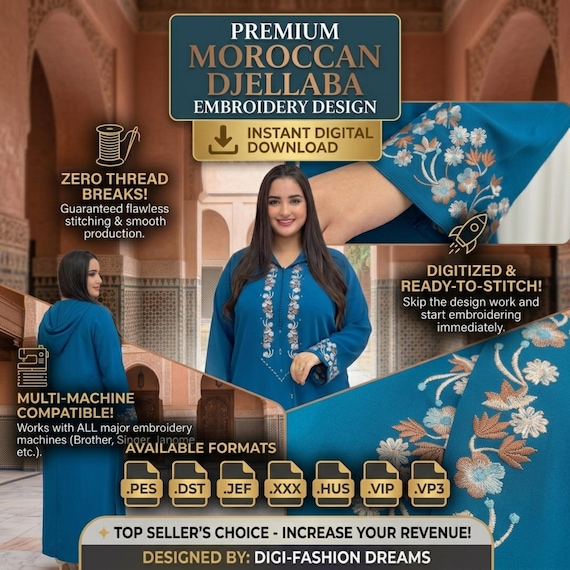 Moroccan Djellaba Embroidery Design - Hand-Digitized Chest & Sleeve Motif - Professional Machine Embroidery File