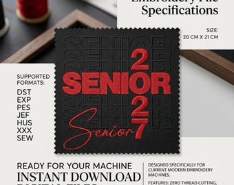Senior 2027 Embroidery Design – Graduation Caps Jackets File (Digital Download)