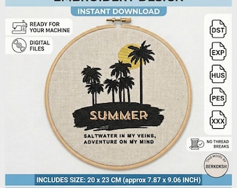 Retro Sommer Palme Stickdatei - Tropischer Sonnenuntergang Szene (Digitaler Download)