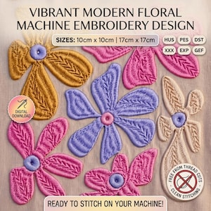 Op de afbeelding: Een digitaal borduurontwerp met levendige, moderne bloempatronen in goud, roze en paars. Het ontwerp bevat de tekst "VIBRANT MODERN FLORAL MACHINE EMBROIDERY DESIGN" en "READY TO STITCH ON YOUR MACHINE!" Maten zijn 10 cm x 10 cm en 17 cm x 17 cm.