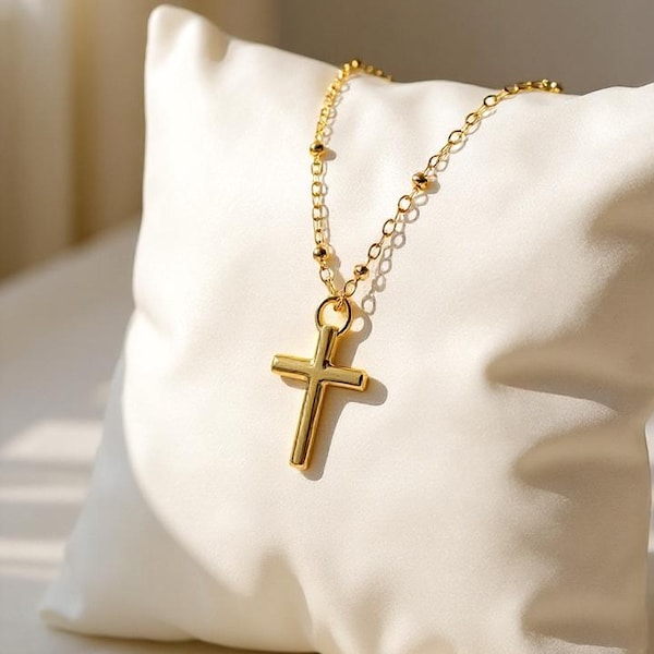 Beaded Chain Cross Necklace, Religious Cross Necklace, Cross Baptism Necklace, Satellite Chain Necklace, Christian Cross Pendant For Mother