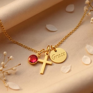 Birthstone Cross Necklace, Bridesmaid Birthstone Necklace, Customized Birthstone Jewelry, Silver Cross Baptism Necklace, Religious Pendant