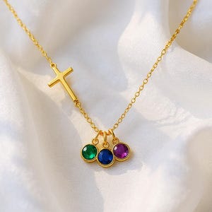 Collier croix avec pierres de naissance, pendentif pierre de naissance personnalisé, collier religieux croix chrétienne, collier croix de baptême, collier multi pierres de naissance