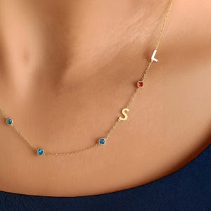 Birthstone Initial Necklace, Custom Birthstone Necklace, Sideways Initial Necklace Gift For Mother, Personalized Birthstone Sideway Necklace