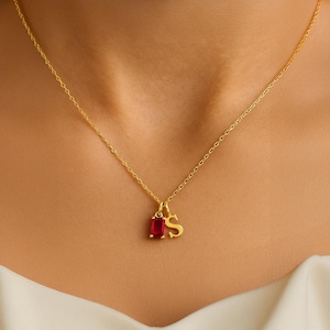 Baguette Birthstone Initial Necklace, Customize Birthstone Necklace, Letter Birthstone Pendant, Initial Pendant, Baguette Birthstone Jewelry
