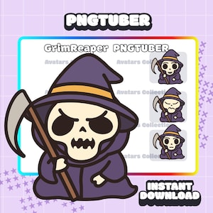 May include: A cartoon Grim Reaper PNGTuber avatar in a purple robe and hat, holding a scythe. The image includes the text "GrimReaper PNGTuber" and "Instant Download". Additional smaller Grim Reaper avatars are also shown.