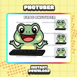 May include: A digital illustration featuring a cartoon frog with a keyboard, labeled "FROG PNGTUBER." The frog has a light green body, large black eyes, and a smiling expression. Additional frog avatars with different expressions are also shown.