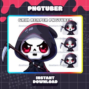 May include: Four digital illustrations of a cartoon Grim Reaper with a scythe. The Grim Reaper is wearing a black hooded robe with a red lining. The Grim Reaper has a skull face with red eyes and a mischievous expression. The text "PNGTUBER" and "GRIM REAPER PNGTUBER" is at the top of the image. The text "INSTANT DOWNLOAD" is at the bottom of the image.