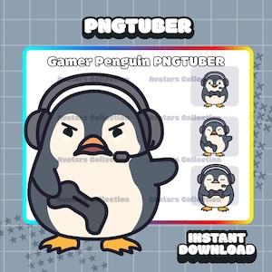 May include: A digital download graphic featuring a cartoon penguin with a headset and a game controller. The penguin is gray, white, and orange, with an angry expression. The text "Gamer Penguin PNGTUBER" is displayed above the penguin.