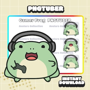 May include: A light green cartoon frog wearing grey headphones and holding a grey game controller. The image includes the text "Gamer Frog PNGTUBER" and "Instant Download". Additional frog avatars are also shown.