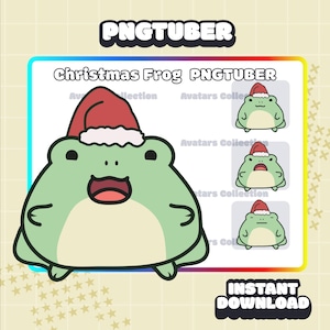 May include: A cartoon illustration of a green frog wearing a red Santa hat. The image includes the text "Christmas Frog PNGTUBER" and "INSTANT DOWNLOAD". Additional frog avatars are shown in the image.