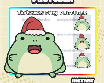 May include: A cartoon illustration of a green frog wearing a red Santa hat. The image includes the text "Christmas Frog PNGTUBER" and "INSTANT DOWNLOAD". Additional frog avatars are shown in the image.