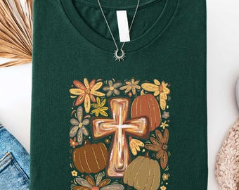 Boho Floral Pumpkin Cross Shirt, Fall Christian Jesus Tee, Faith Based Autumn T-Shirt, Religious Thanksgiving Top, Bible Pumpkin Season Tee