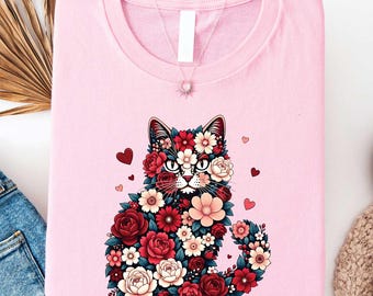 Floral Cat Valentine's Day Shirt, Cute Cat Lover T-Shirt, Romantic Cat Sweatshirt, Kitty Valentines Gifts, Cat Mom Gift, Teacher Love Top