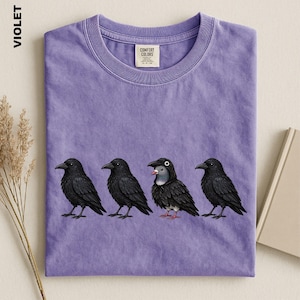 May include: A violet short-sleeve t-shirt featuring a graphic of four birds in a row. Three are black crows, while the third bird from the left is a pigeon wearing a black crow costume. The shirt has a crew neckline and a Comfort Colors brand label.