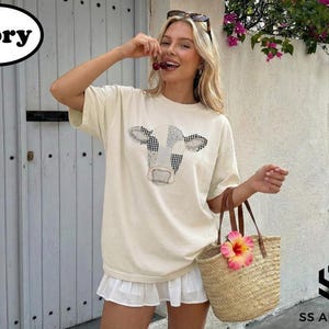 Faux Patchwork Cow Shirt Tee, Quilted Farm Animal Head Tshirt, Gingham Floral Rustic Cow Lover Shirt, Cottagecore Farmhouse Sweater