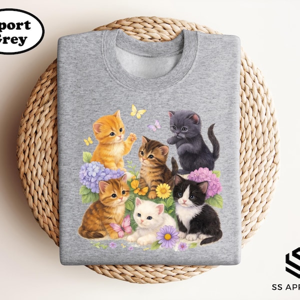 Camiseta con estampado de ramo de gatitos, camiseta vintage para amantes de los felinos, sudadera con estampado de mariposas estilo cottagecore y suéter retro con flores silvestres en tonos pastel.