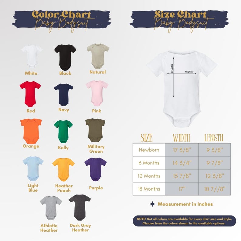 The image is a color chart for a baby bodysuit, displaying various color options and corresponding measurements.