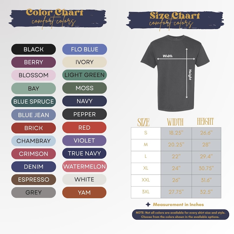 The image is a color chart and size chart for a t-shirt, providing a visual representation of different color options and corresponding measurements.