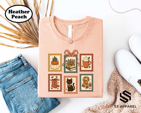 Fall Season Stamp Shirt, Pumpkin Spice Tee, Autumn Cozy Season Graphic Top, Autumn Postage Stamps T-shirt, Pumpkin Season Girly Sweatshirt