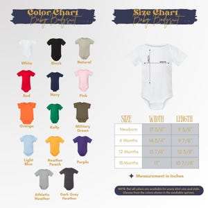 The image is a color chart for a baby bodysuit, displaying various color options and corresponding measurements.