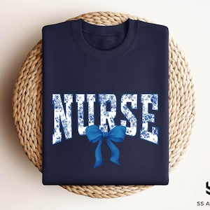 Toile De Jouy Nurse Bow Sweatshirt, Coquette Nurse Shirt, Gift For Nurse, Nurse Ribbon Hoodie, Registered Nurse Shirt, Floral Nurse Hoodie