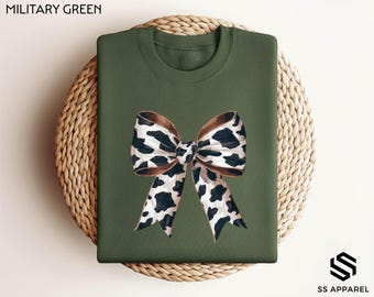 Cow Coquette Sweatshirt, Bow Cow Shirt, Cowgirl Sweatshirt, Country Sweater, Girly Western Hoodie, Cow Pattern Bow Sweatshirt, Gift for Her