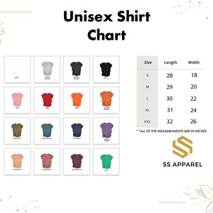 a shirt chart with different colors and sizes