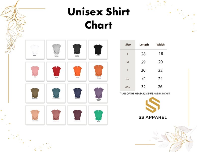 a shirt chart with different colors and sizes