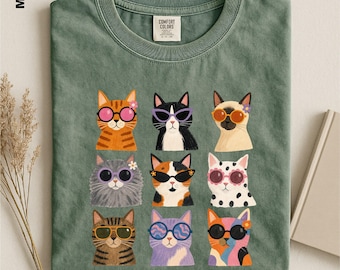 Comfort Colors Retro Cat Shirt, Cool Cats Sunglasses Tee, Groovy Cat Mom Gift, Funky 70s Kitty Graphic, Colorful Cat Lover Aesthetic Tee