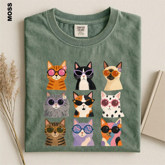 Comfort Colors Retro Cat Shirt, Cool Cats Sunglasses Tee, Groovy Cat Mom Gift, Funky 70s Kitty Graphic, Colorful Cat Lover Aesthetic Tee