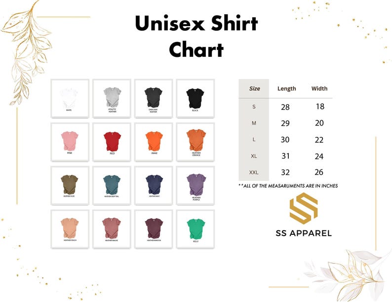 a shirt chart with different colors of shirts