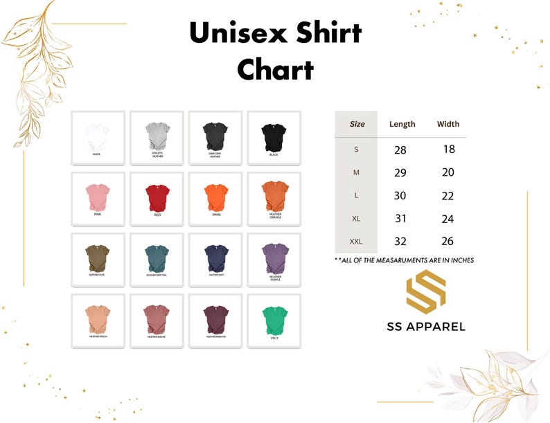 a shirt chart with different colors of shirts