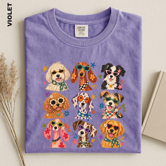 Comfort Colors Retro Dog Shirt, Groovy Dogs Sunglasses Tee, Funky Dog Mom Gift, Colorful 70s Puppy Graphic T-Shirt Vintage Pet Lover Sweater