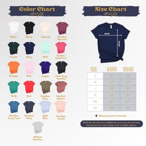 The image is a color chart and size chart for a variety of t-shirt designs, including different colors and sizes. The color chart lists the available colors for each size, while the size chart provides the corresponding width, height, and style for each color. The chart is designed to help customers choose from the available options based on their preferences and measurements.