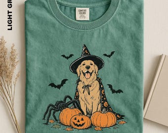 Golden Retriever Halloween Comfort Colors Shirt, Witch Dog Pumpkin Tee, Spooky Golden Mom Shirt, Cute Dog Lover Gift for Women Sweatshirt