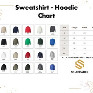 sweatshirt - hoodie chart for all sizes and colors