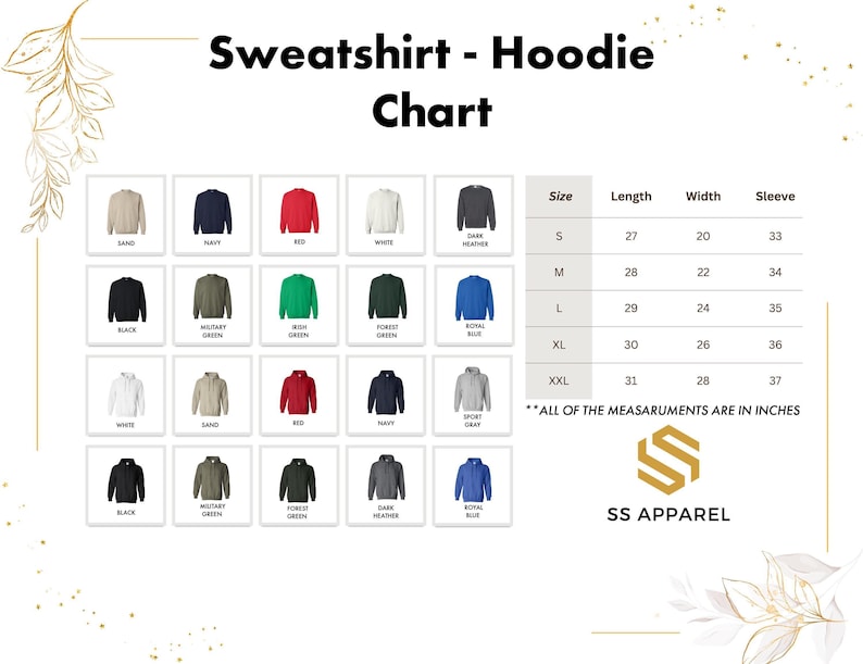 sweatshirt - hoodie chart for all sizes and colors