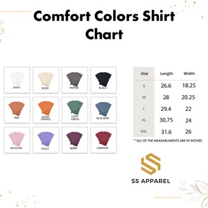 a color chart for the comfort colors shirt