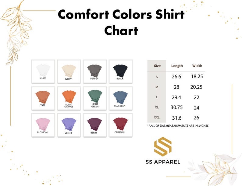 a color chart for the comfort colors shirt