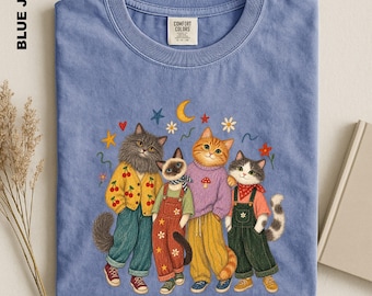 Comfort Colors Whimsical Cat Shirt, Cottagecore Kitty Friends Tee, Vintage Cat Lover Gift, Colorful Folk Art Cats, Retro Aesthetic Graphic
