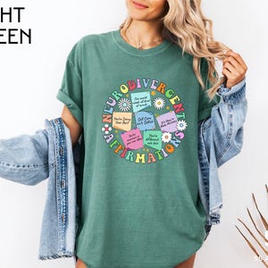 a woman wearing a green t - shirt with the words, light green