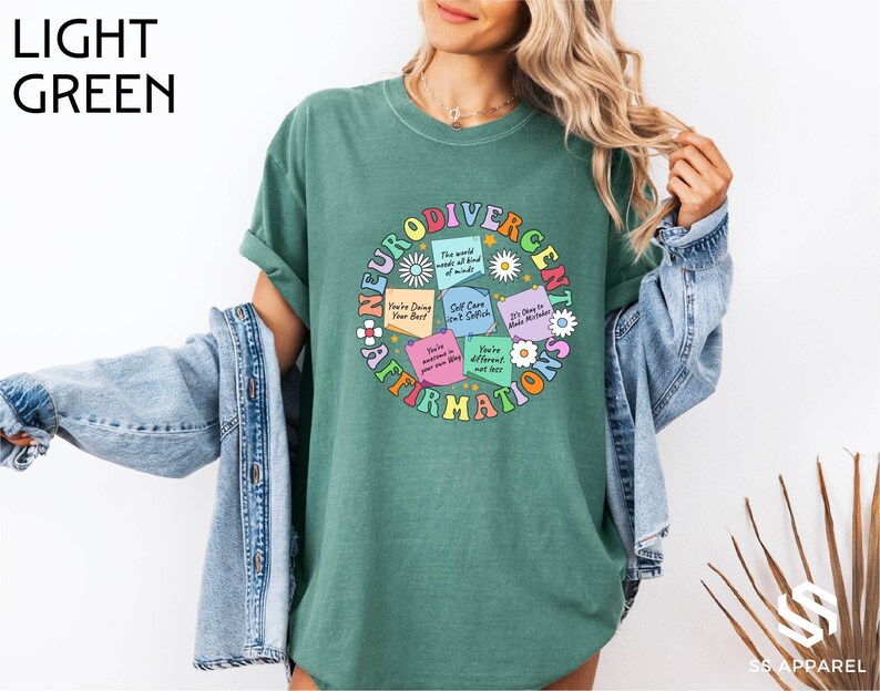 a woman wearing a green t - shirt with the words, light green