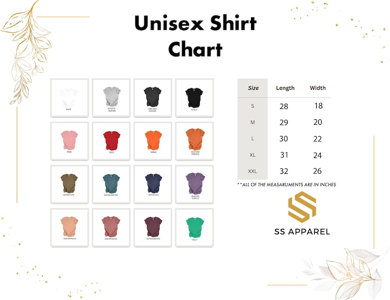 a shirt chart with different colors of shirts